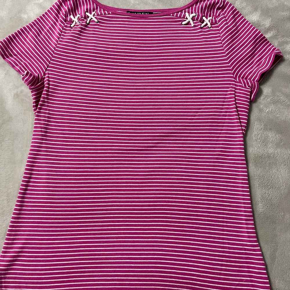 Lauren Ralph Lauren Striped Pink Knot-Shoulder Tee-medium